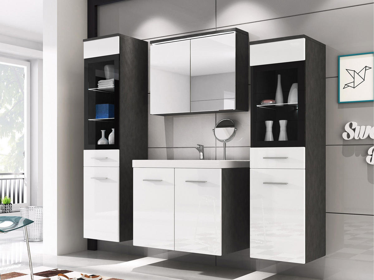 BADMÖBEL-SET Madrit II mit weißer LED Beleuchtung - Dunkelgrau/Silberfarben, Holzwerkstoff/Kunststoff (132/132/30cm) - MIRJAN24