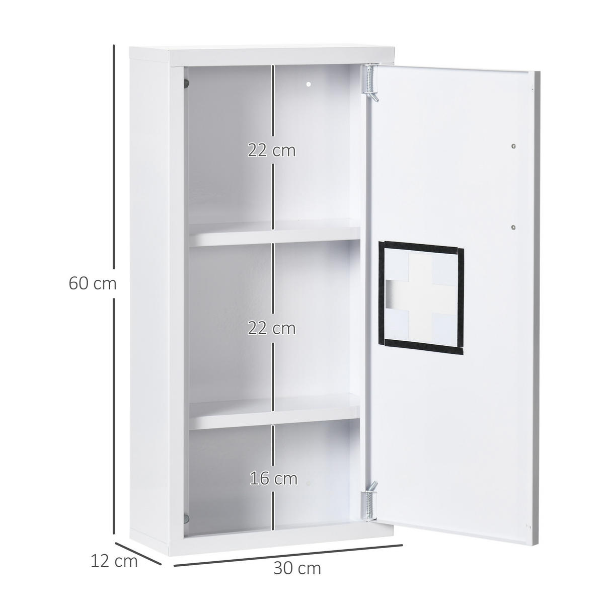MEDIZINSCHRANK, Erste Hilfe , mit 3 Innenfächern, Magnetverschluss, Stahl, Weiß - Weiß, Metall (12/60/30cm) - Kleankin