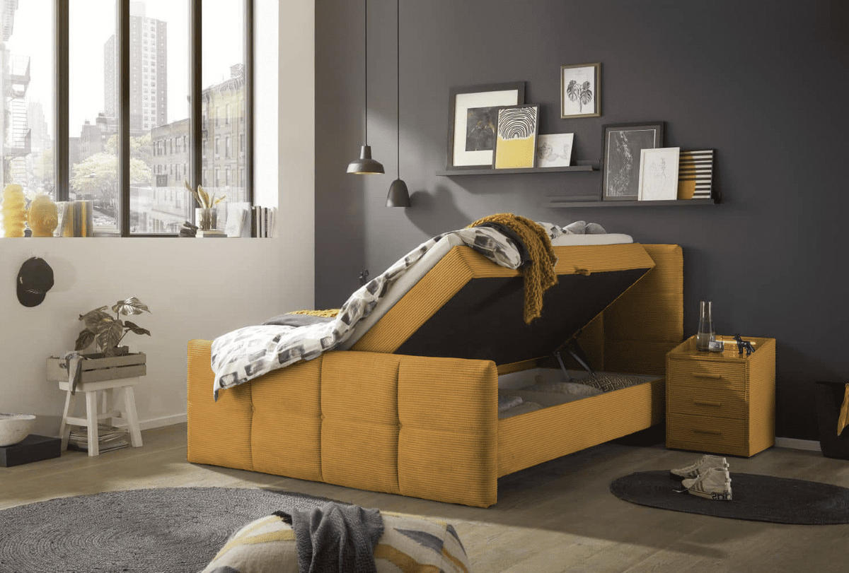 BOXBETT Breitcord, 7-Zonen-Tonnentaschen-Federkernmatratze, HR-30 Topper, Bettkasten - Gelb/Schwarz, Holz/Kunststoff (180/200cm) - ed exciting design