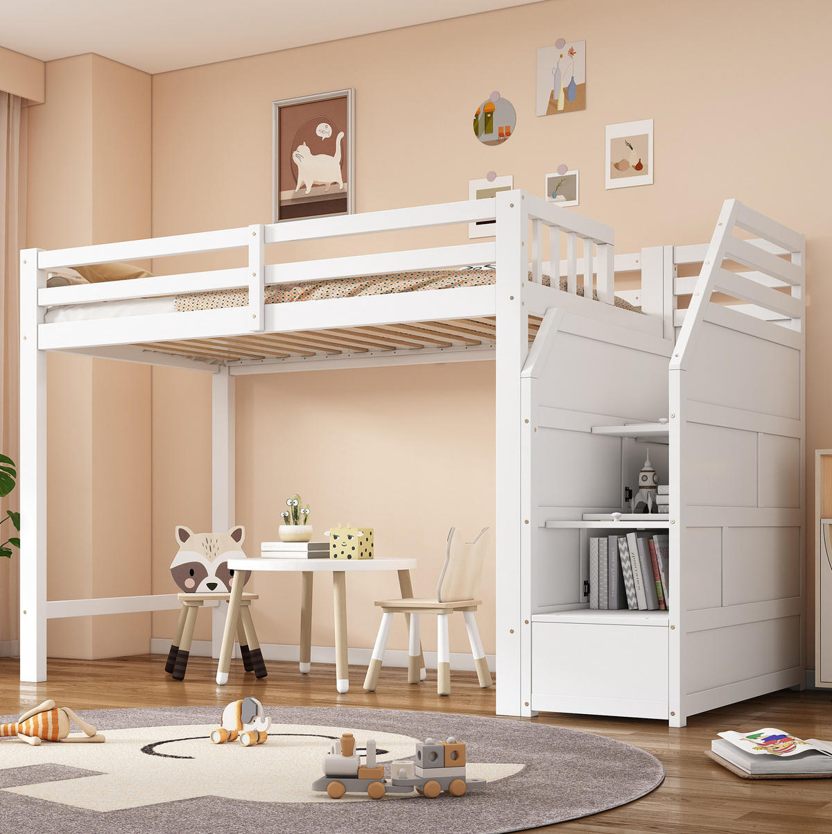 HOCHBETT 90/200 cm weiß aus Kiefernholz und MDF mit Stauraumtreppe - Weiß, Holzwerkstoff (90/200cm) - OKWISH