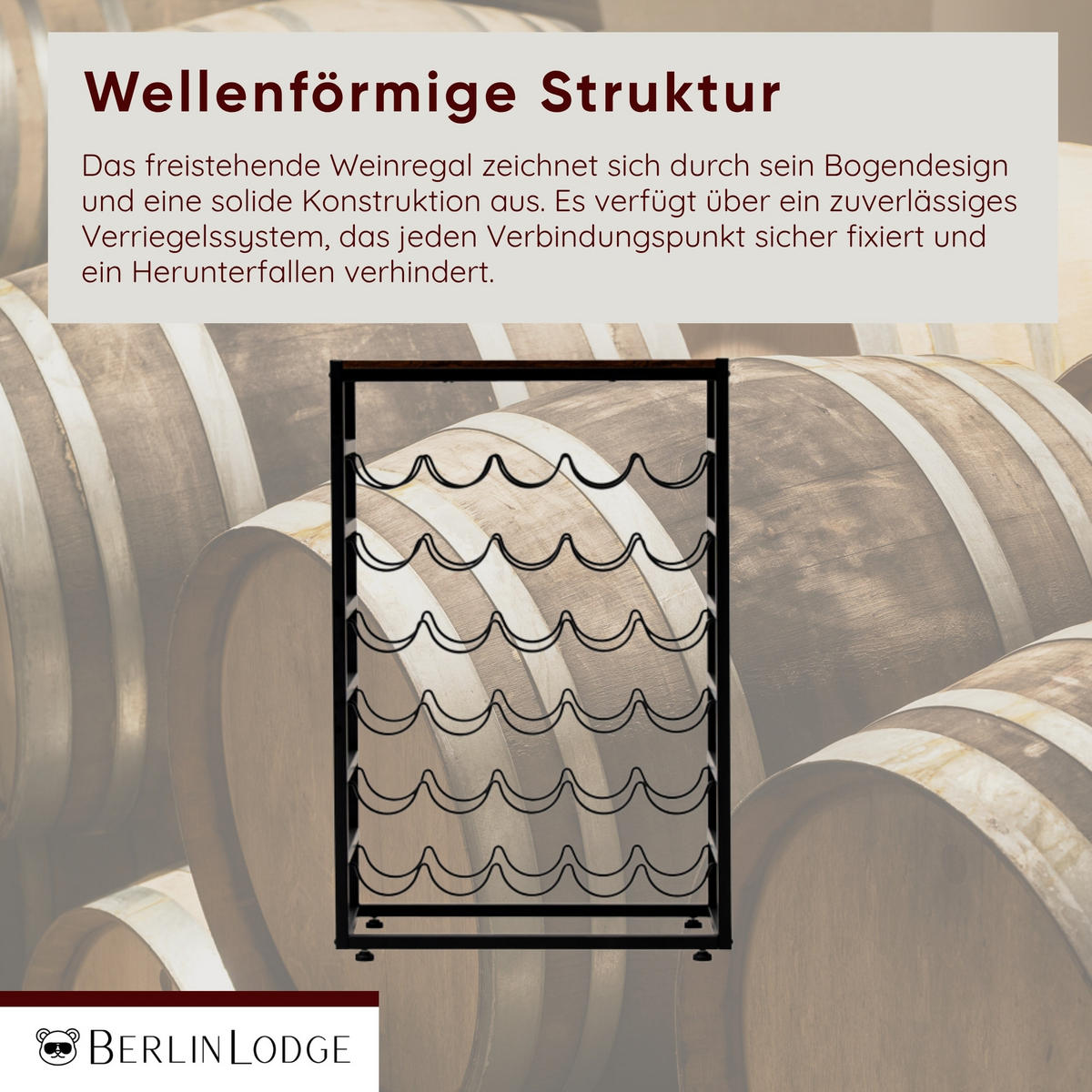 WEINREGAL Bordeaux 88x59x30cm 30 Flaschen auf 6 Ebenen + Ablage Schwarz/Vintage Braun - Schwarz, Metall (59/88/30cm) - BERLINLODGE