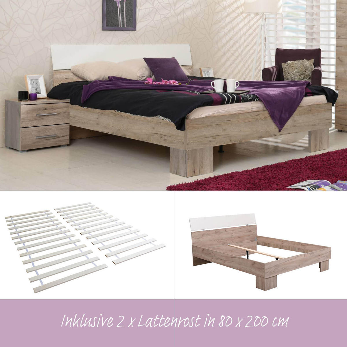 HOLZBETT Eiche 160/200 cm natur weiß - Grau, Holz - Homestyle4u
