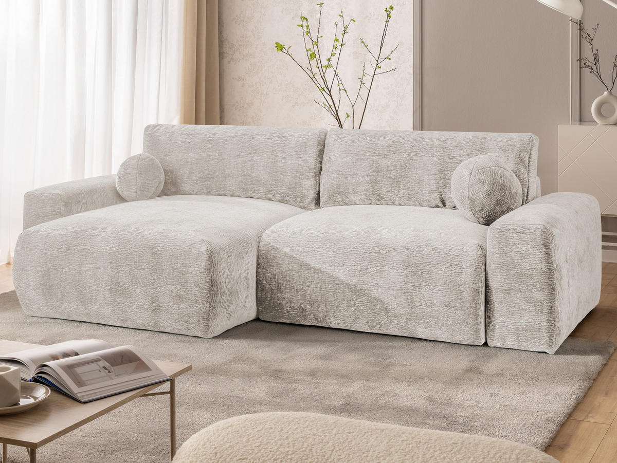ECKSOFA Puffy mit Schlaffunktion und Bettkasten - besonders weich und puffig aus Beige Stoff mit Chenillestruktur - Ottomane links - Beige/Schwarz, Holz/Kunststoff (138/266cm) - S-Style Möbel