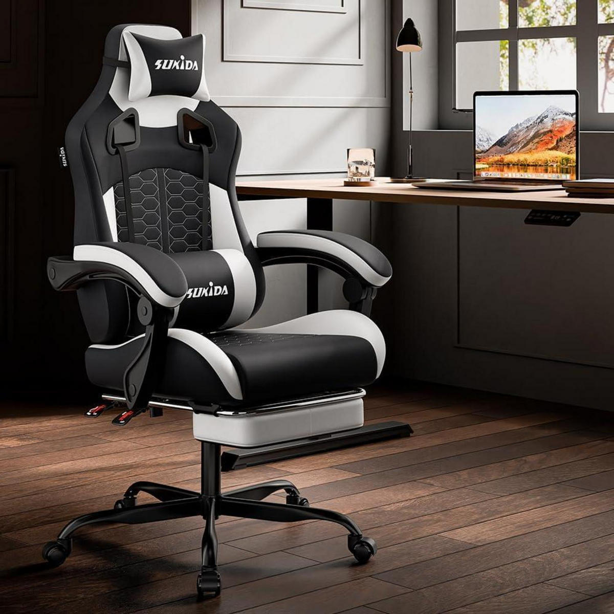 ERGONOMISCHER Gaming Stuhl mit Kopfstütze und Lendenwirbelstütze, mix - Multicolor, Textil (57/45/52cm)
