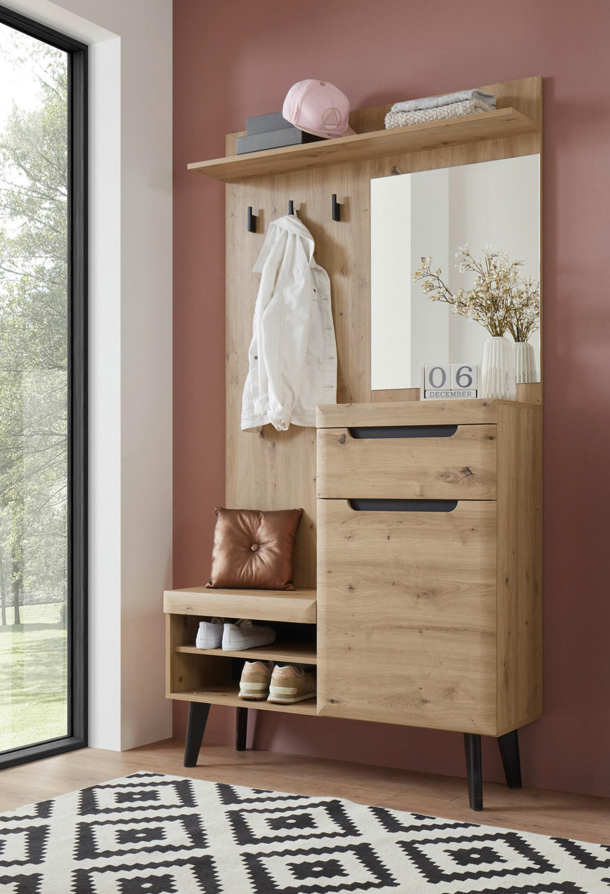 GARDEROBE Eiche Artisan, schwarz 110 cm, Kompaktgarderobe skandinavisch - Eichefarben/Schwarz, Holzwerkstoff/Metall (110/200/34cm) - Furn.Design