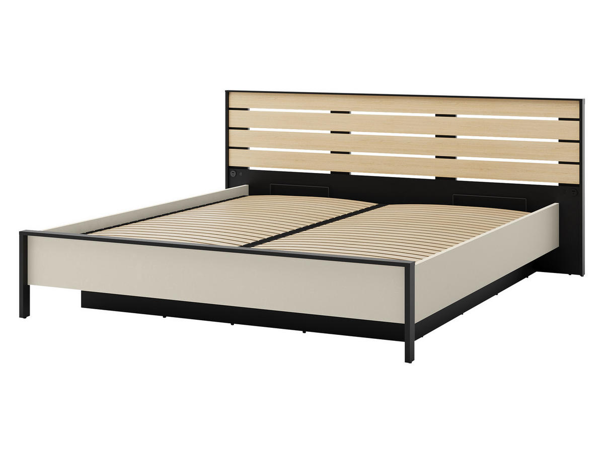 BETT Enna EN-02 - Sandfarben/Schwarz, Holzwerkstoff/Kunststoff (180/200cm) - MIRJAN24