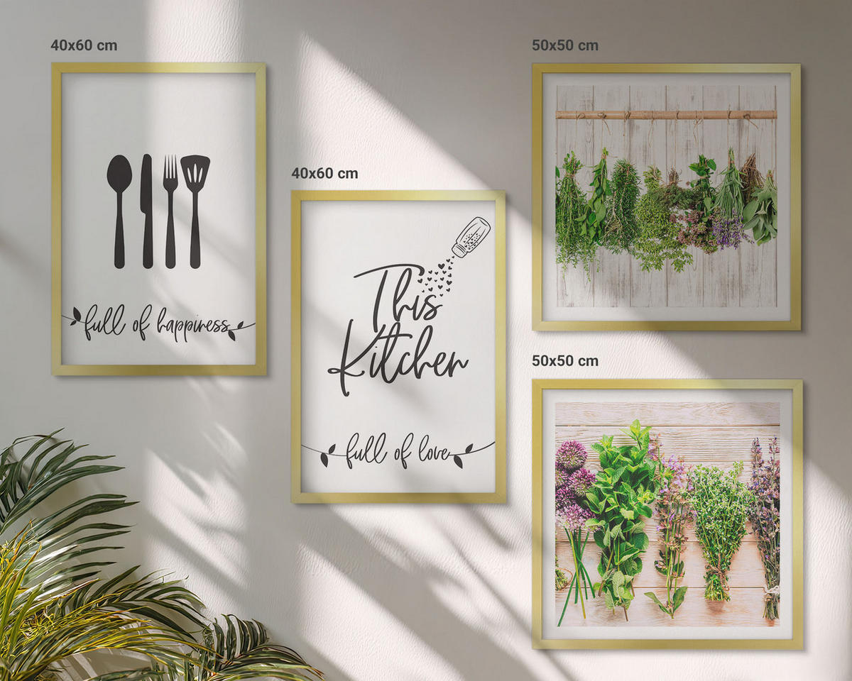 WANDBILDER 4er Set - 50x50 cm & 40x60 cm Goldrahmen - Küchenkräuterpflanzen Beschriftungen - Goldfarben, Kunststoff (50/50cm) - ArtPrintCave