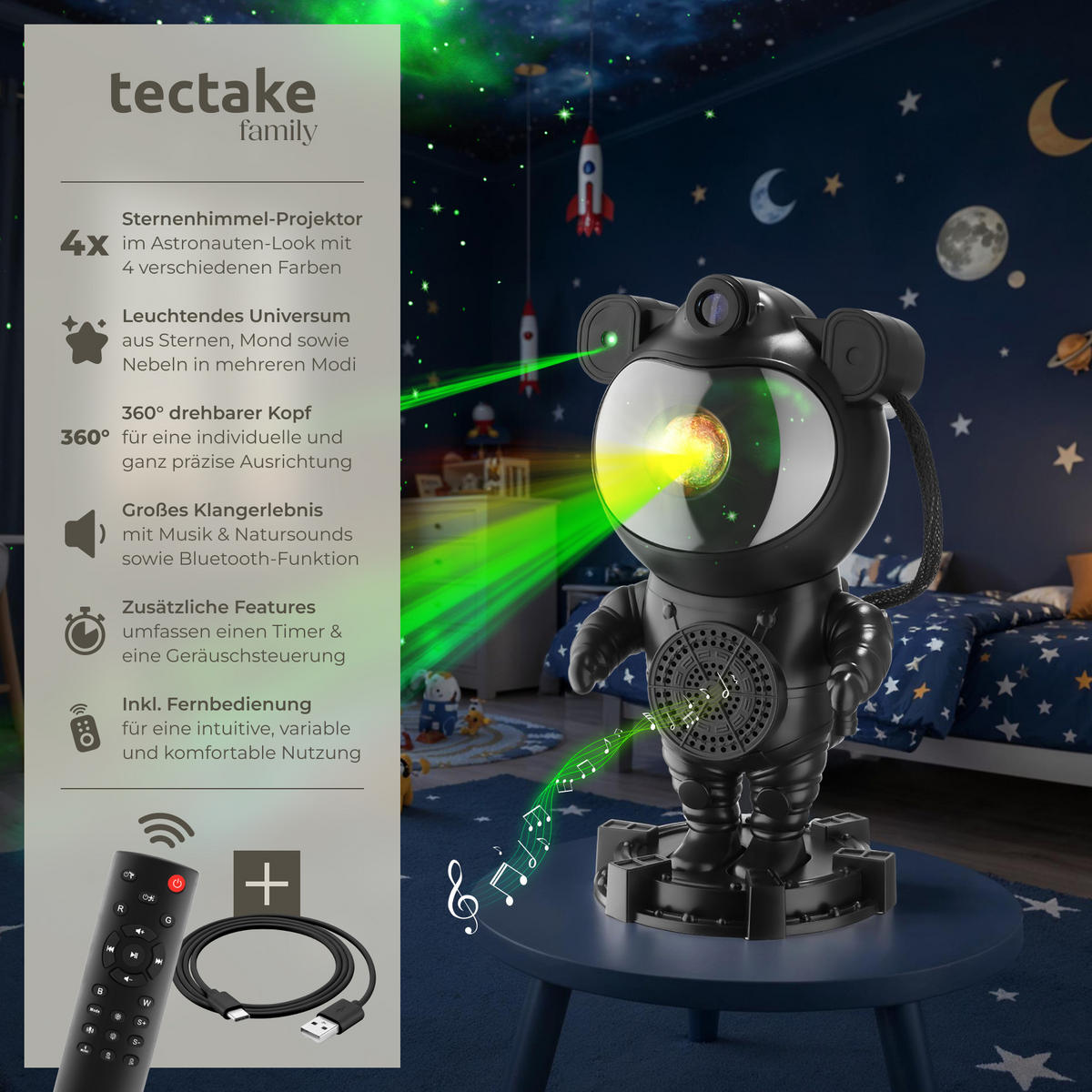 LED-STERNENHIMMEL-PROJEKTOR Astronaut,Bluetooth- und Music-Funktion mit 8 Sounds sowie Timer,schwarz - Schwarz, Kunststoff (11.5/12/23.5cm) - tectake