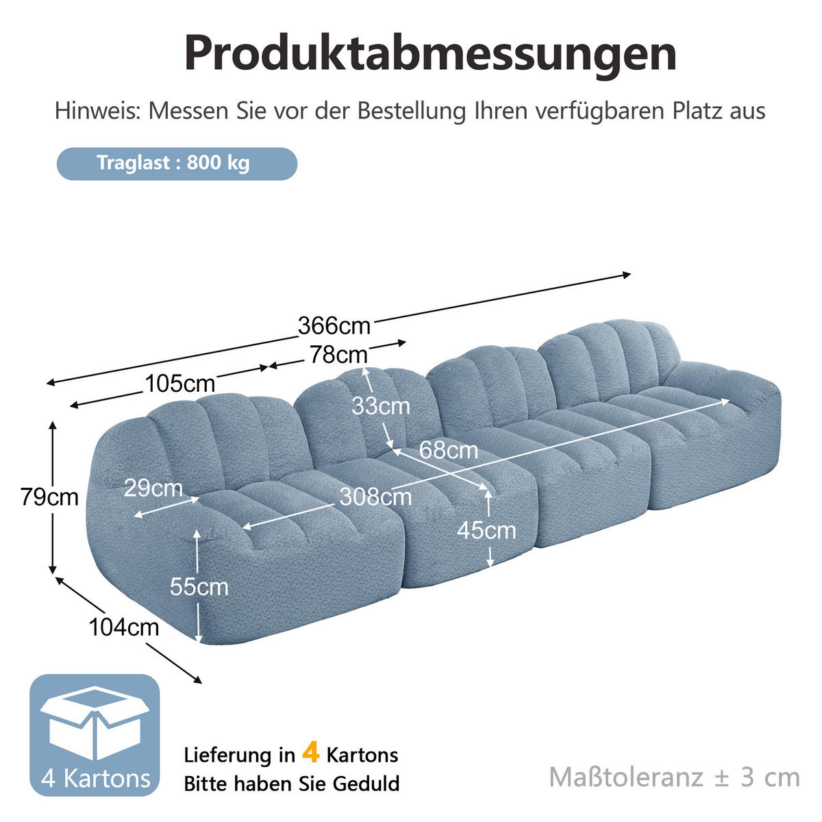 4-SITZER-SOFA DE-34312 Muschelform Blau - Blau, Textil (104/79/366cm) - ComfortXL
