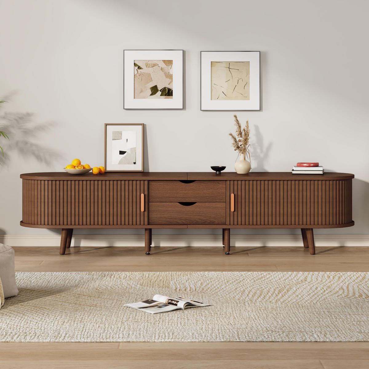 LOWBOARD in Walnussfarben mit Schubladen und Teleskoptüren für Wohnzimmer, B175/T40/H42 cm - Walnussfarben, Holz/Holzwerkstoff (175/42/40cm) - STILVORA