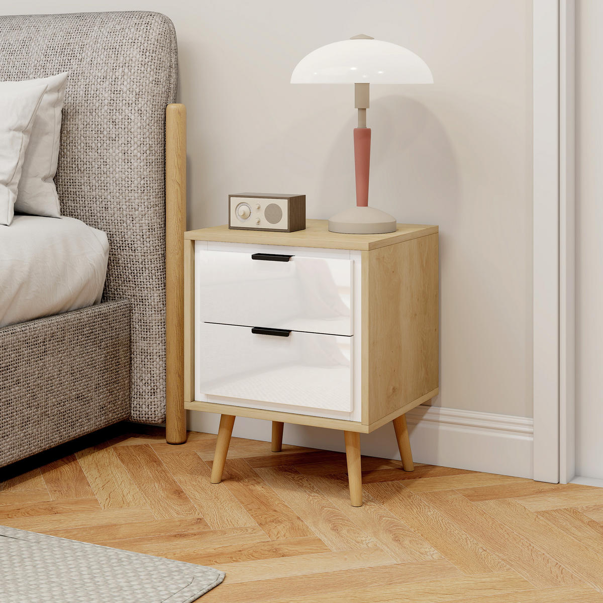 NACHTSCHRANK DE-12907 2 leise Schubladen Weiß - Eichefarben, Holzwerkstoff (35/50/40cm) - ComfortXL