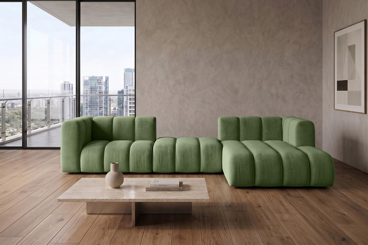 ECKSOFA Modulares In L-Form, Velvet-Stoff Riviera, Olive, Rechts, GRAND 319 cm - Olivgrün, Holz (319/175cm) - Kaiser Möbel