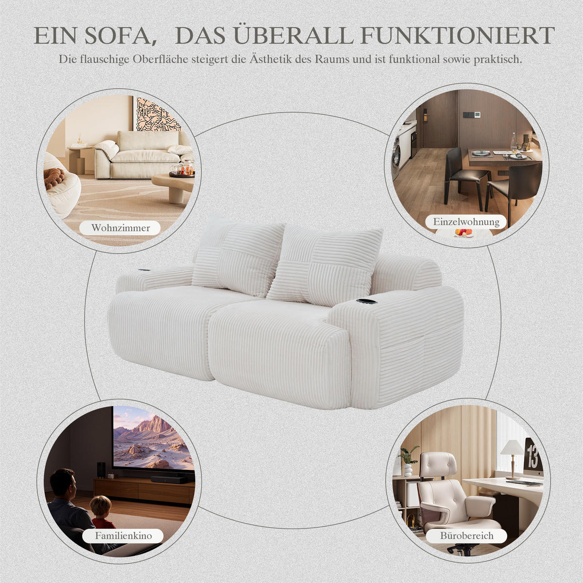 2-SITZER Sofa Cord mit Getränkehalter und Seitentasche 200/99/80 cm Beige - Beige, Textil (99/80/200cm) - Redom