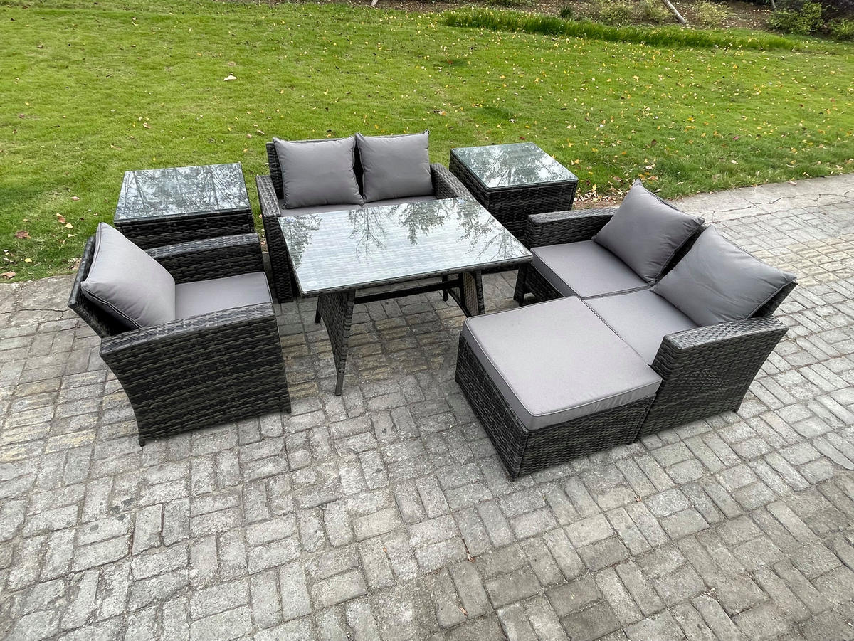 GARTENMÖBELSET mit ESSTISCH,HOCHLEHNER-SOFA Polyrattan Dunkelgrauer Mix 6-Sitzer - Dunkelgrau/Grau, Glas/Kunststoff - Fimous