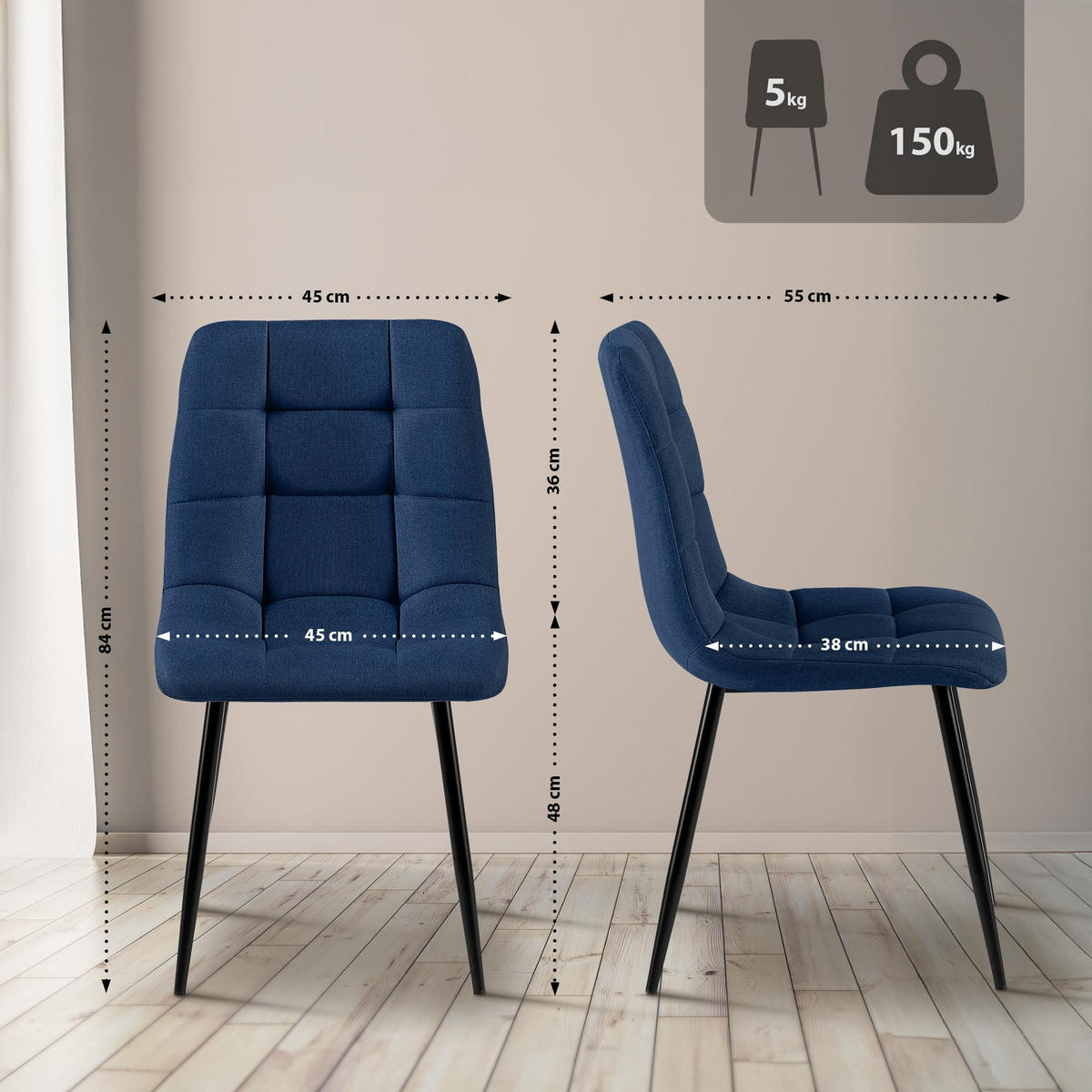 STUHL Stoff Blau - Blau/Schwarz, Textil/Metall (45/84/55cm) - CLP