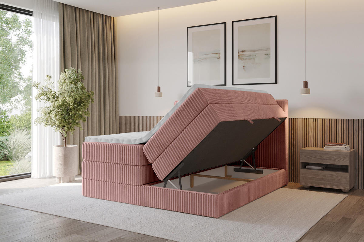 BOXSPRINGBETT mit Matratze H3|H4 und Lattenrost - TOLO KING 200x200 Cord - Hellrosa - Hellrosa, Holzwerkstoff (200/200cm) - ALTDECOR