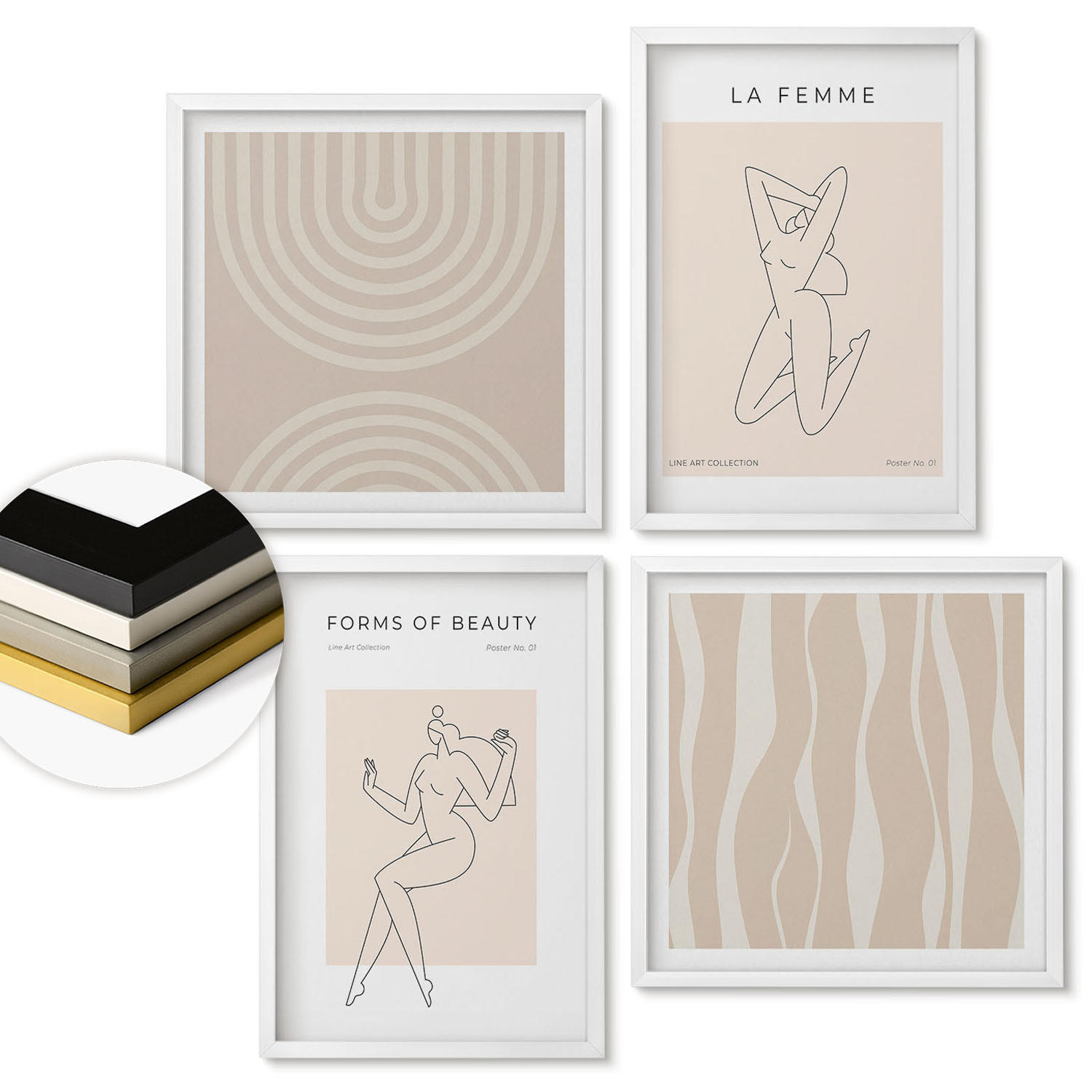 WANDBILDER 4er-Set - 50x50 cm & 40x60 cm Weißer Rahmen - Eine Sammlung minimalistischer Formen - Weiß, Kunststoff (50/50cm) - ArtPrintCave