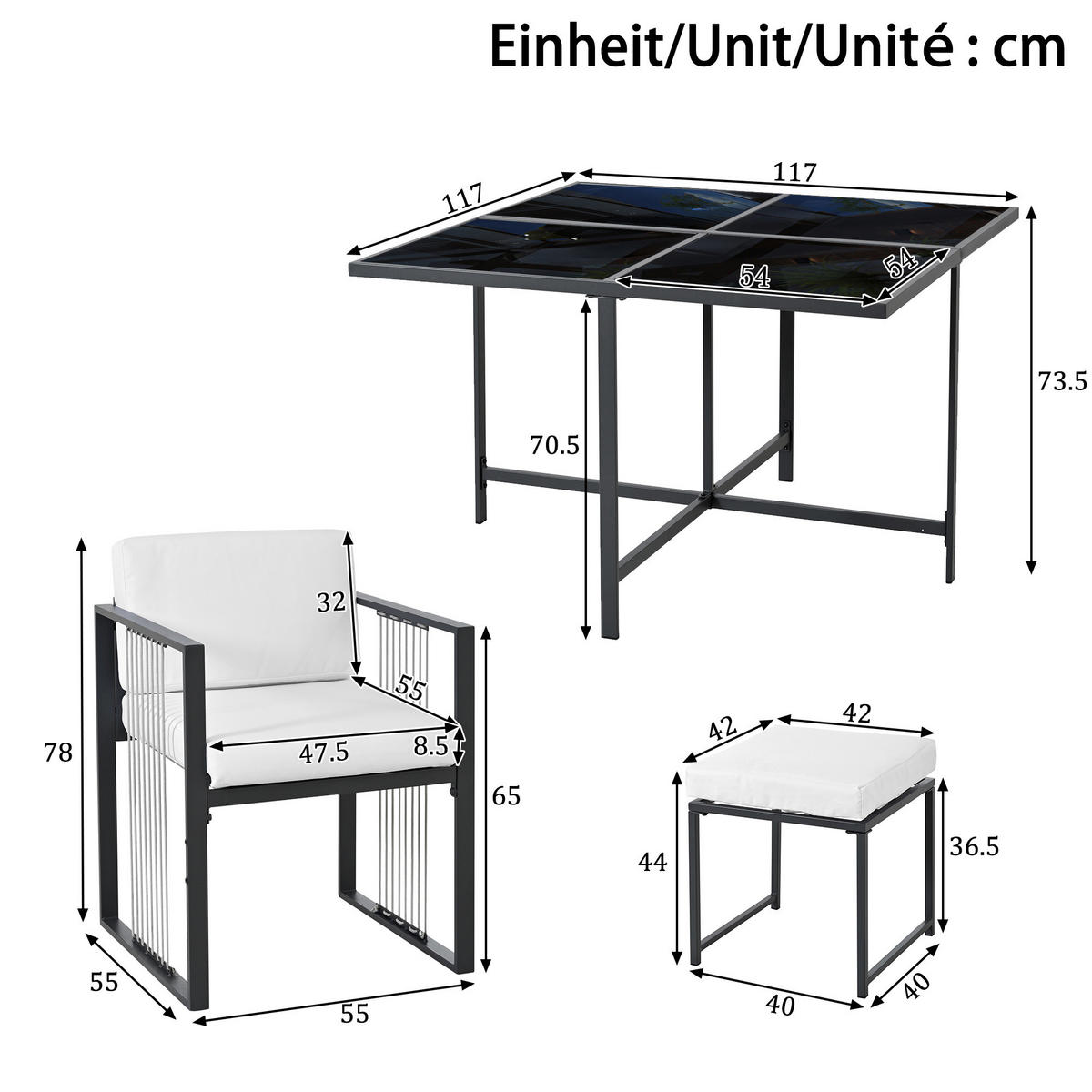GARTENSET 7 tlg 6 Personen Tisch Stühle - Schwarz, Metall - LEBENLANG