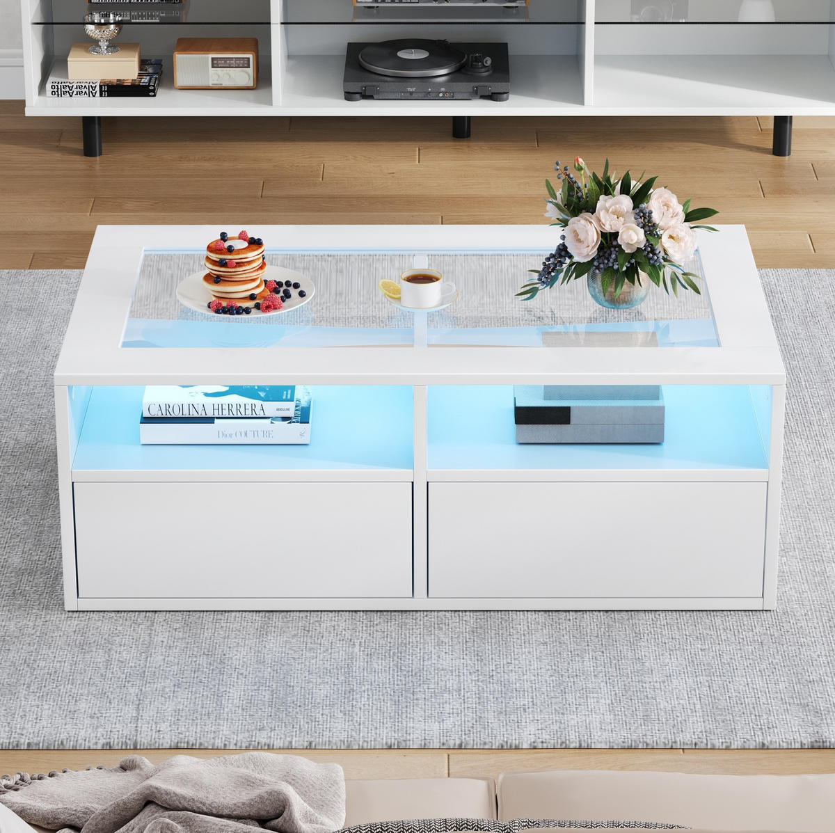 COUCHTISCH aus Glas und Spanplatte 100x50x35 cm in Weiß mit LED & 2 Schubladen - Weiß, Holzwerkstoff (100/50/35cm) - Modfu