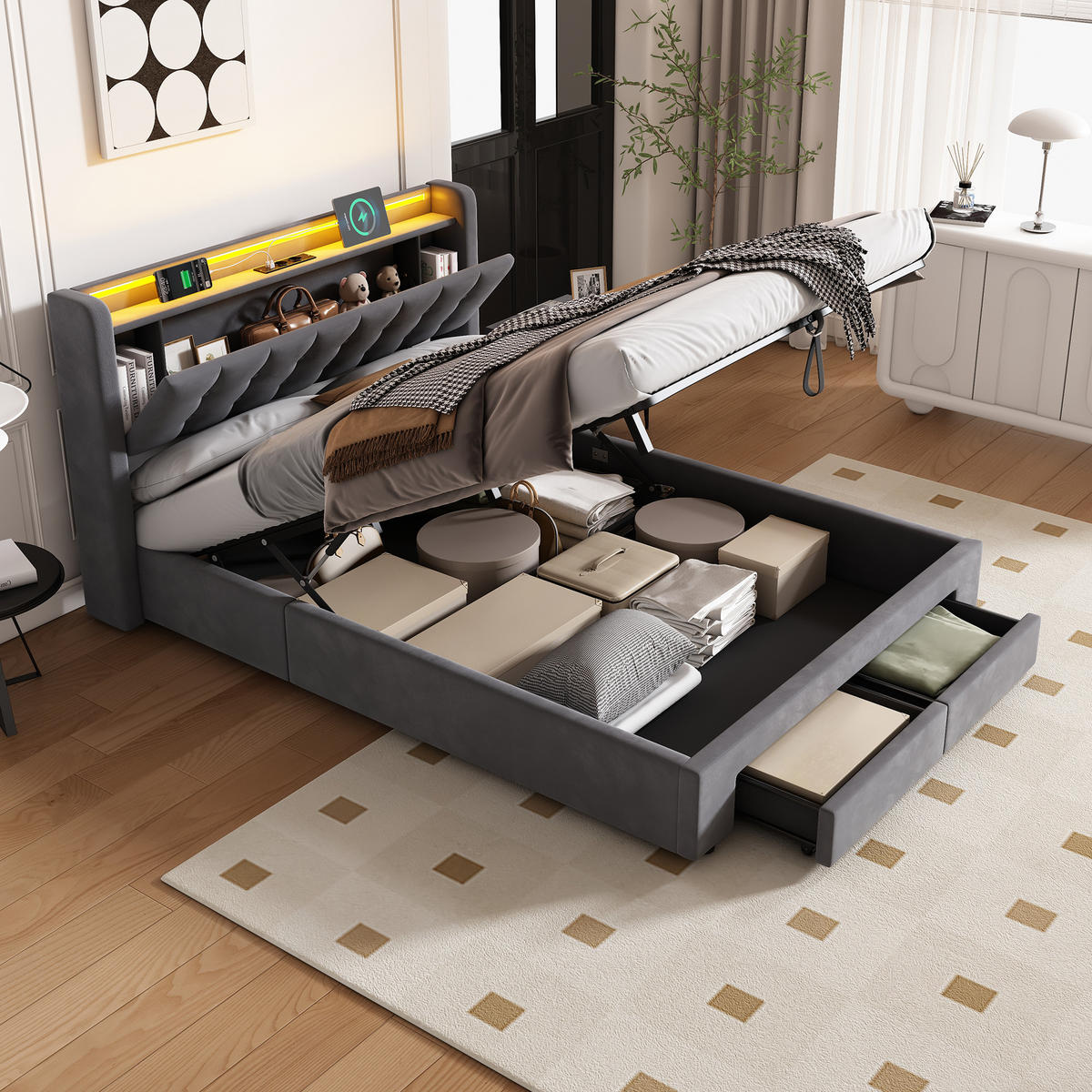 POLSTERBETT 140/200 cm Grau mit LED-Lichtleiste und USB-Anschlüssen - Grau, Holzwerkstoff (140/200cm) - OKWISH