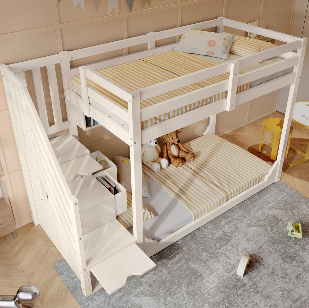 ETAGENBETT 90/200 cm aus Holz mit Treppenschrank, Stauraum und Sicherheitsgeländer, Weiß - Weiß, Holzwerkstoff (90/200cm) - Redom
