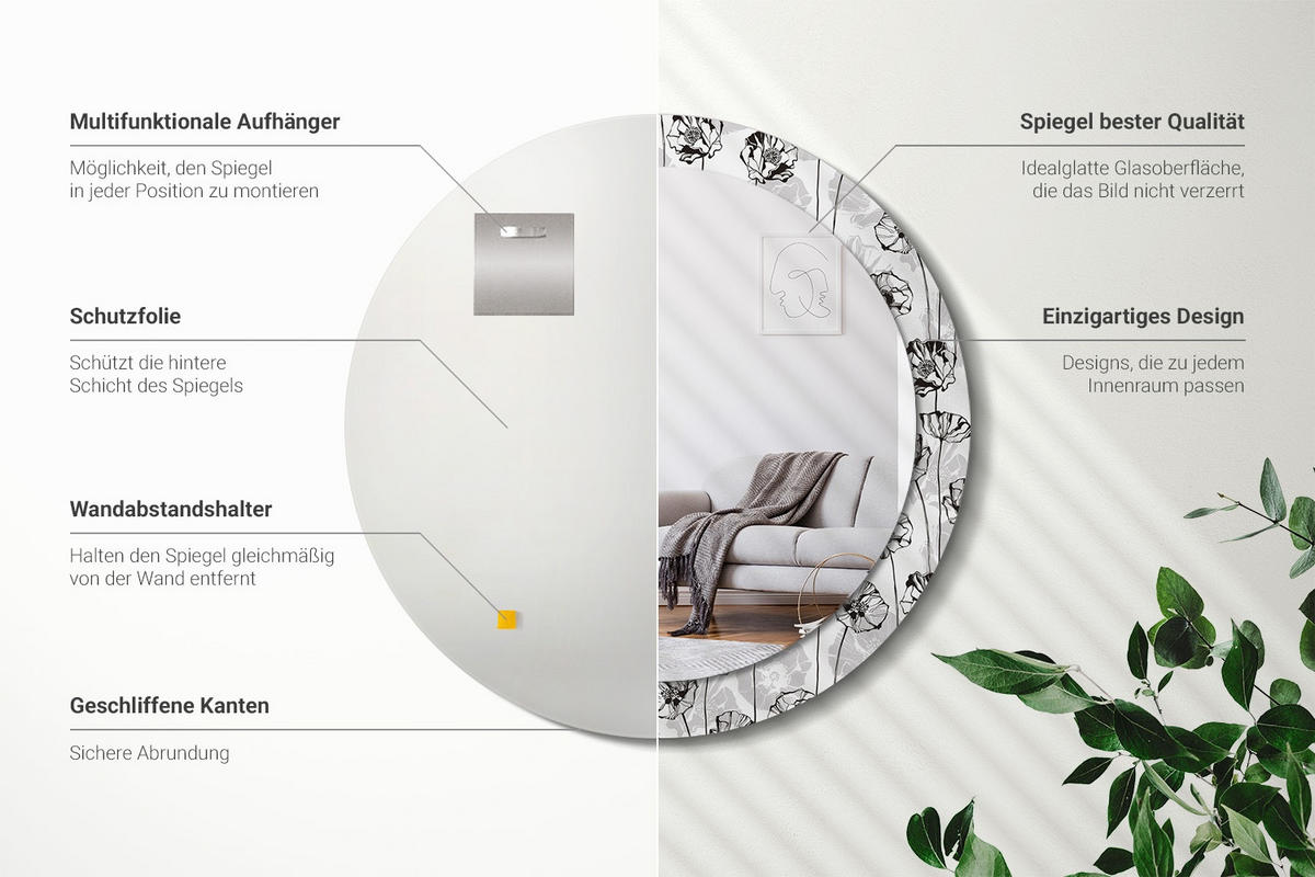 SPIEGEL Rund Ø 80 cm mit Aufdruck - Weiß, Glas (80/80/0.4cm) - Wallfluent
