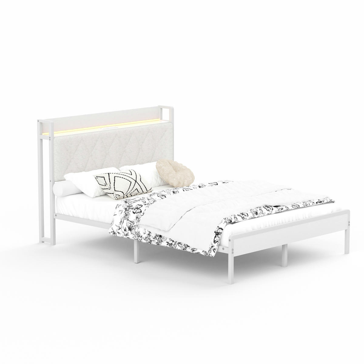 POLSTERBETT 140/190 cm mit LED und Ladestation, DE-41903, in Weiß - Weiß, Metall (140/190cm) - ComfortXL