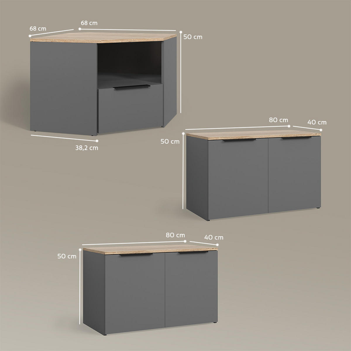 WOHNWAND Piave Anthrazit 3 Teile - Anthrazit, Holzwerkstoff (68/50/68cm) - Livinity®