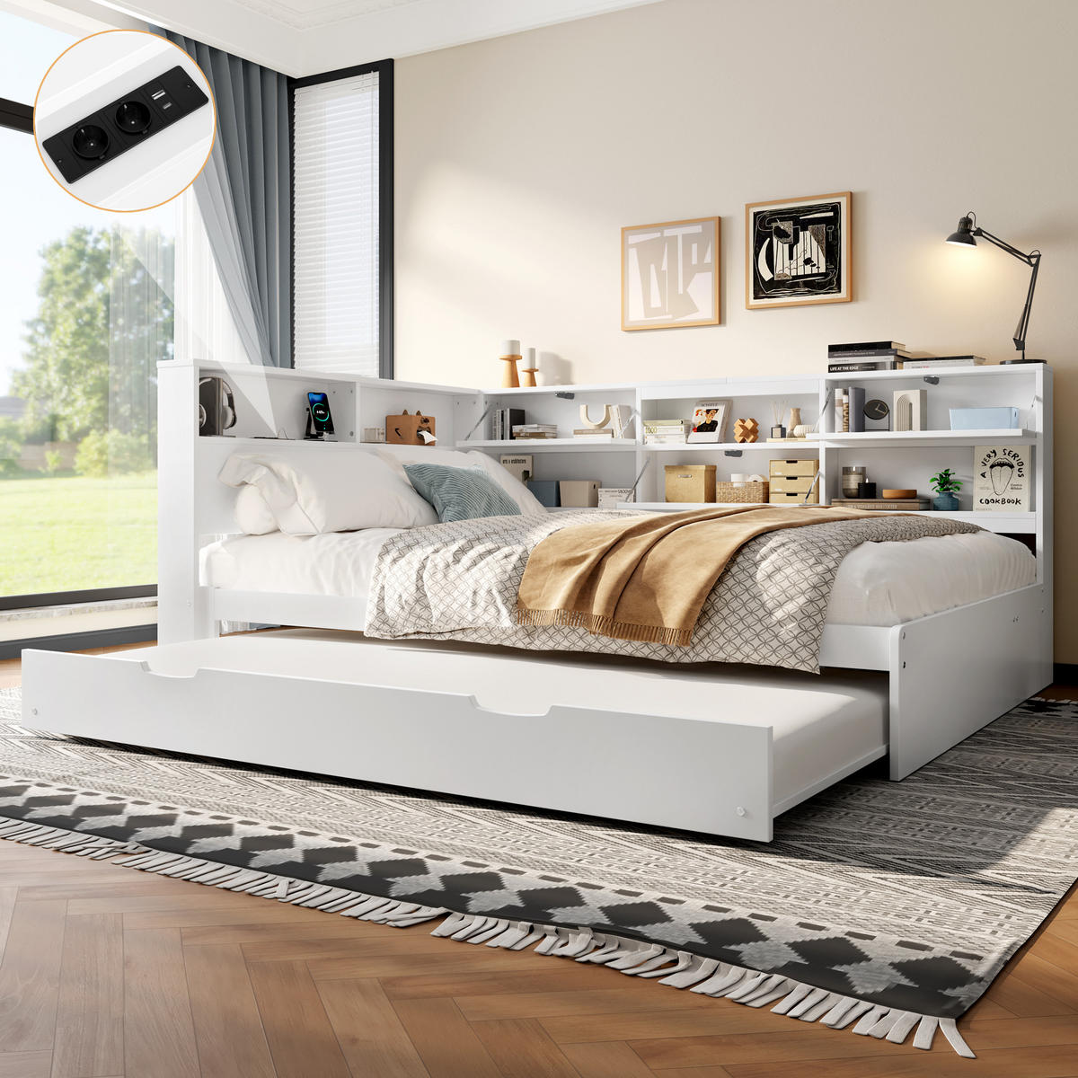 BETT 140/200 cm Weiß aus Kiefernholz mit Stauraum und Bett - Weiß, Holzwerkstoff (140/200cm) - OKMYHOME