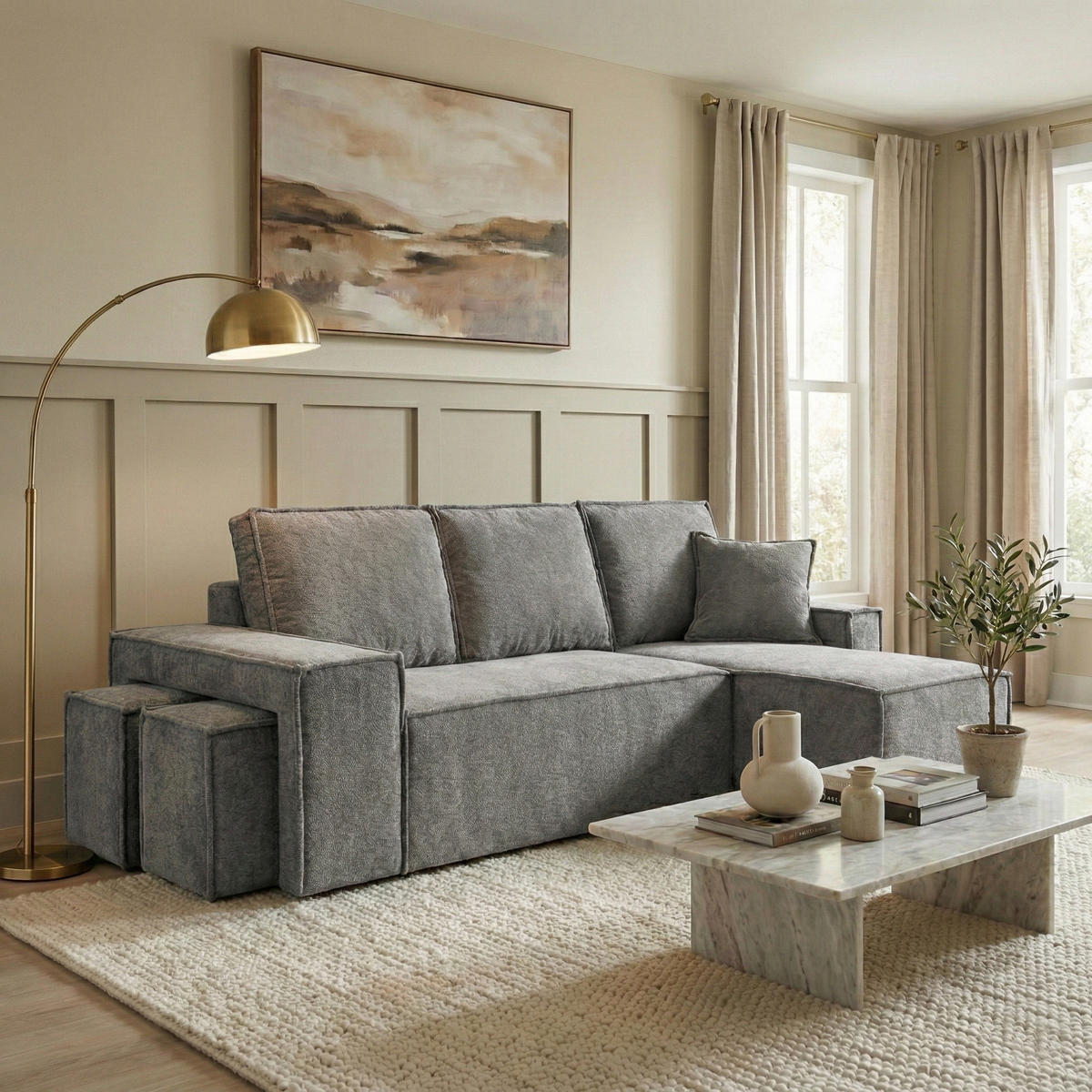 ECKSCHLAFSOFA Colby mit Schlaffunktion und zwei Hockern, universeller Ottomane, Grau - Grau, Textil (265/155cm) - Beautysofa