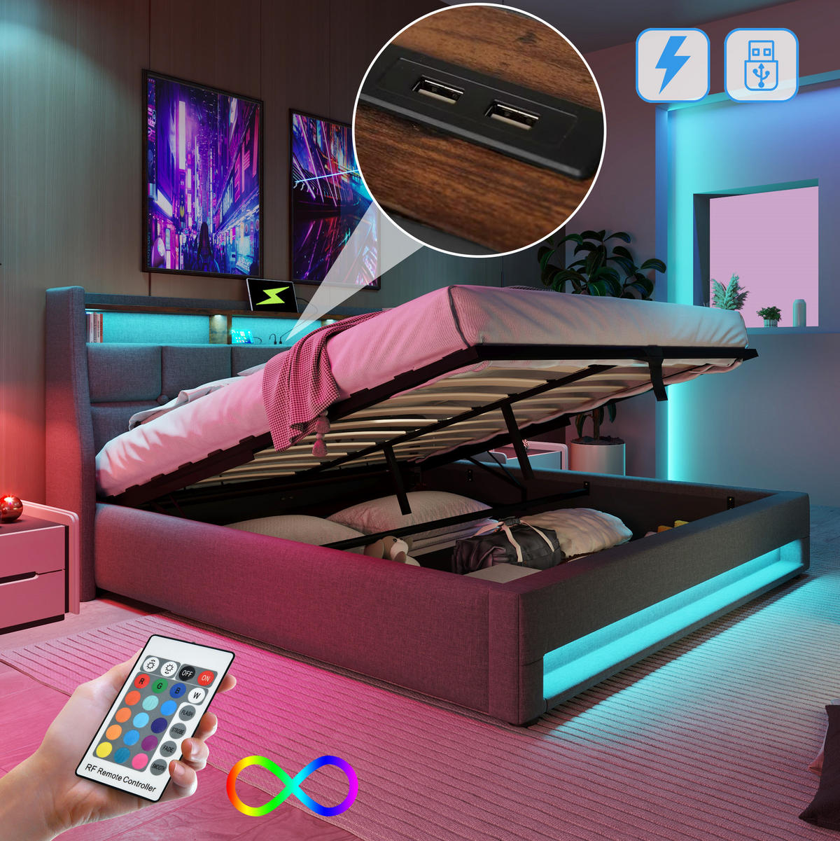 POLSTERBETT 160/200 cm Grau aus Leinen mit LED und USB - Grau, Textil (160/200cm) - OKMYHOME