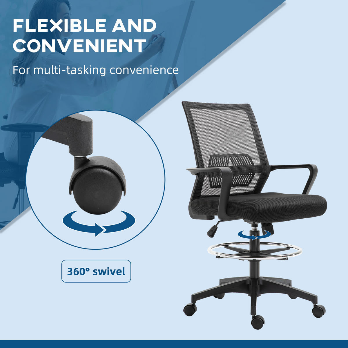 KANCELÁŘSKÁ ŽIDLE Ergonomická kancelářská židle s nastavitelným podnožím, funkce houpání - černá, plast (59/124/64cm) - Vinsetto
