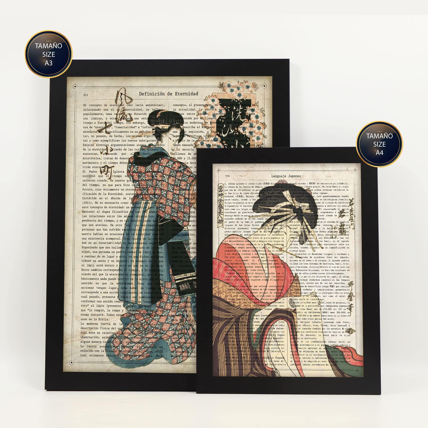 POSTER Set Mit 6 Japan Vintage Papier Stil Plakate Mit Enzyklopädie Hintergründen Ukiyo E Japanische Geishas Innenarchitektur A3 & A4 Schwarzer Rahmen - Schwarz, Papier (29/3cm) - Nacnic