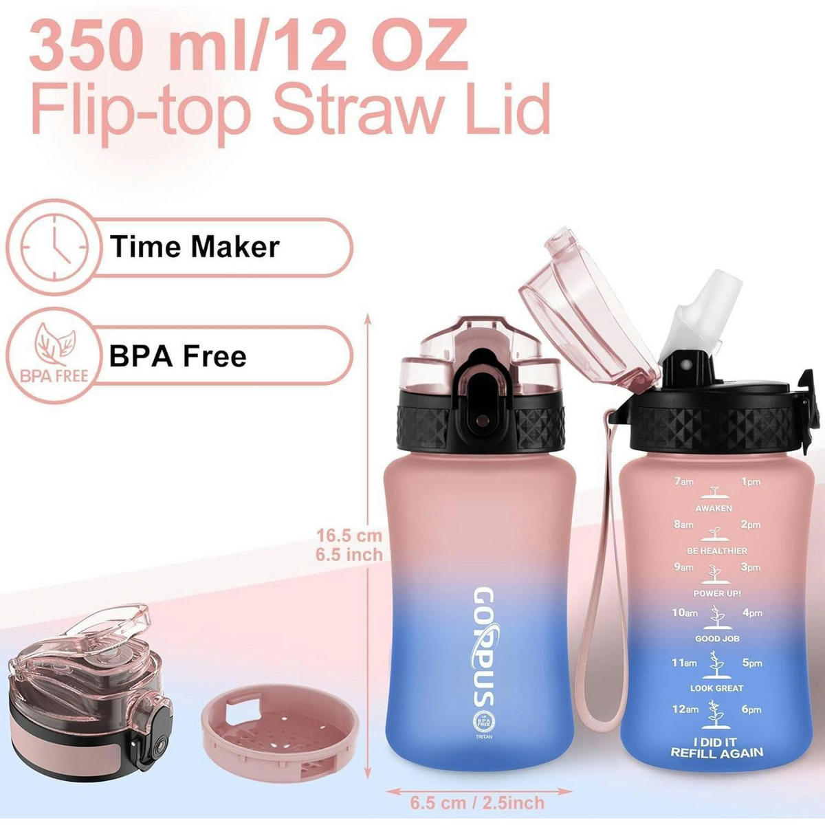 TRINKFLASCHE 350 ml mit Strohhalm und Zeitmarkierung - Multicolor, Kunststoff (7.1/16.5cm)