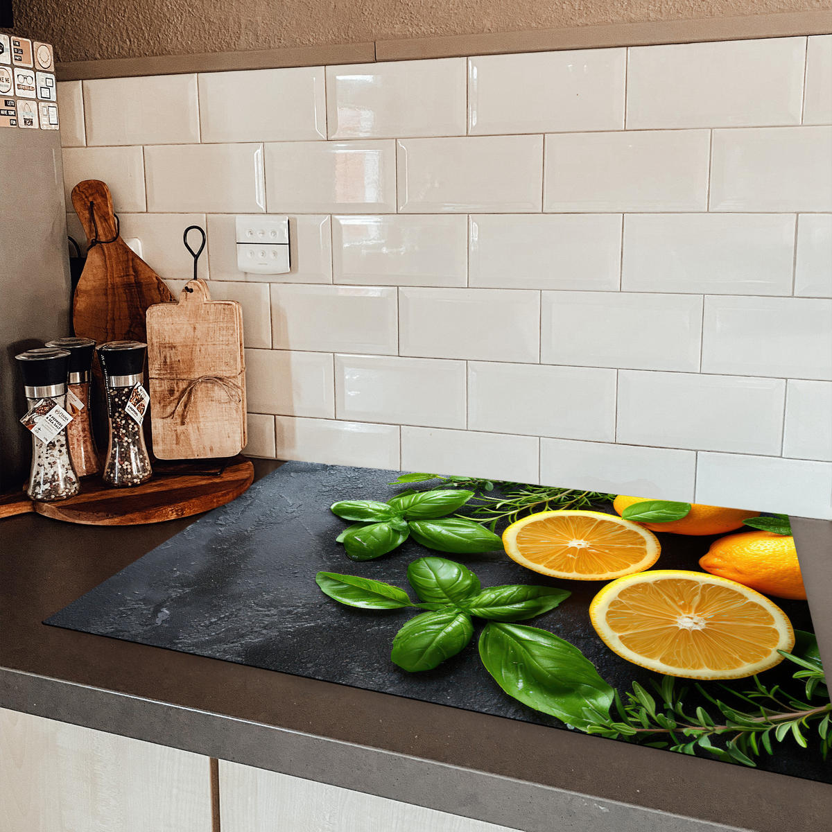 HERDABDECKPLATTE Obst - Grau - Konkret - Orange - Pflanzen Induktionsmatte 77x51 cm - Anthrazit, Kunststoff (77/51/0.2cm) - MuchoWow