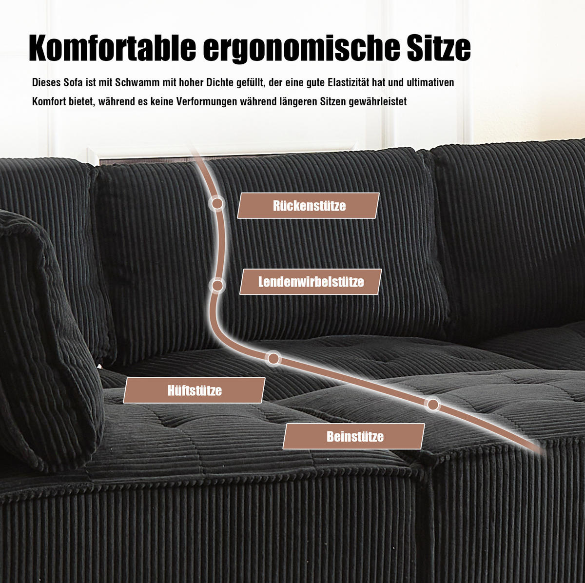 WOHNLANDSCHAFT Cord mit Seitentaschen 308/154/82 cm Schwarz - Schwarz, Kunststoff/Textil (154/82/308cm) - Redom