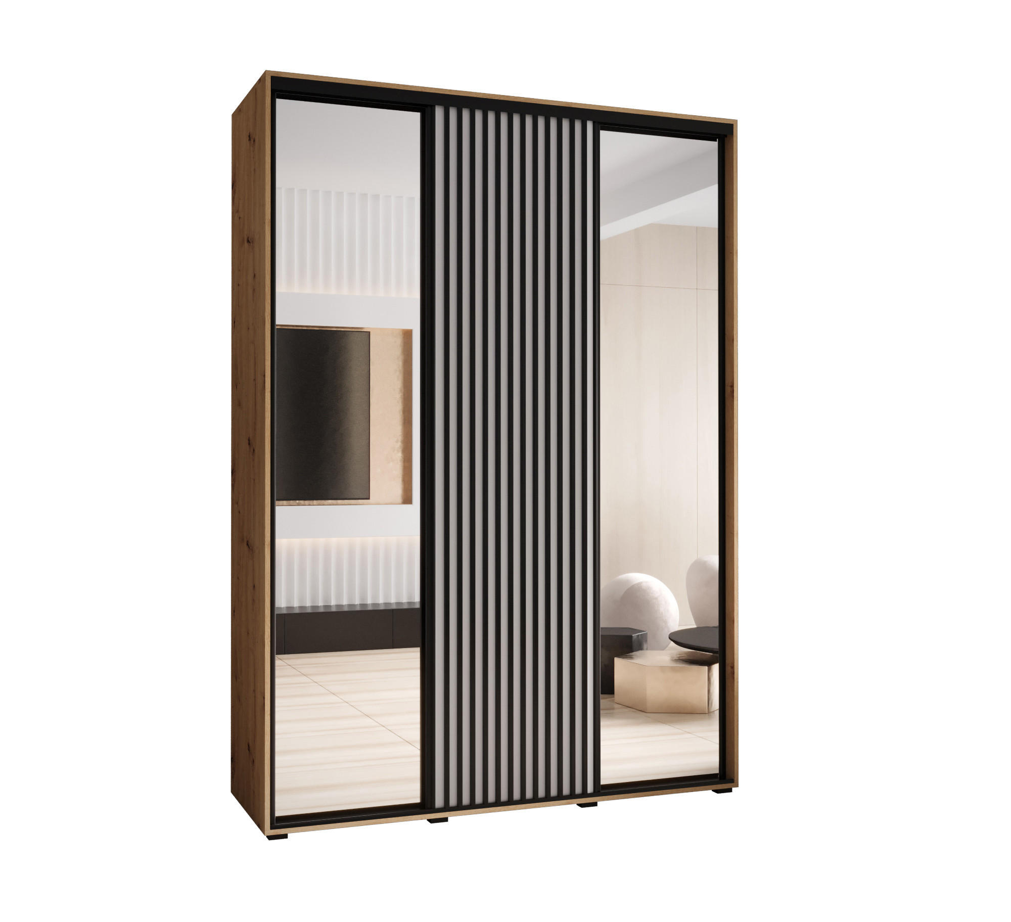 Abiks Möbel Schwebetürenschrank Eiche Artisan, Weiß, Schwarz 180x235x45 cm