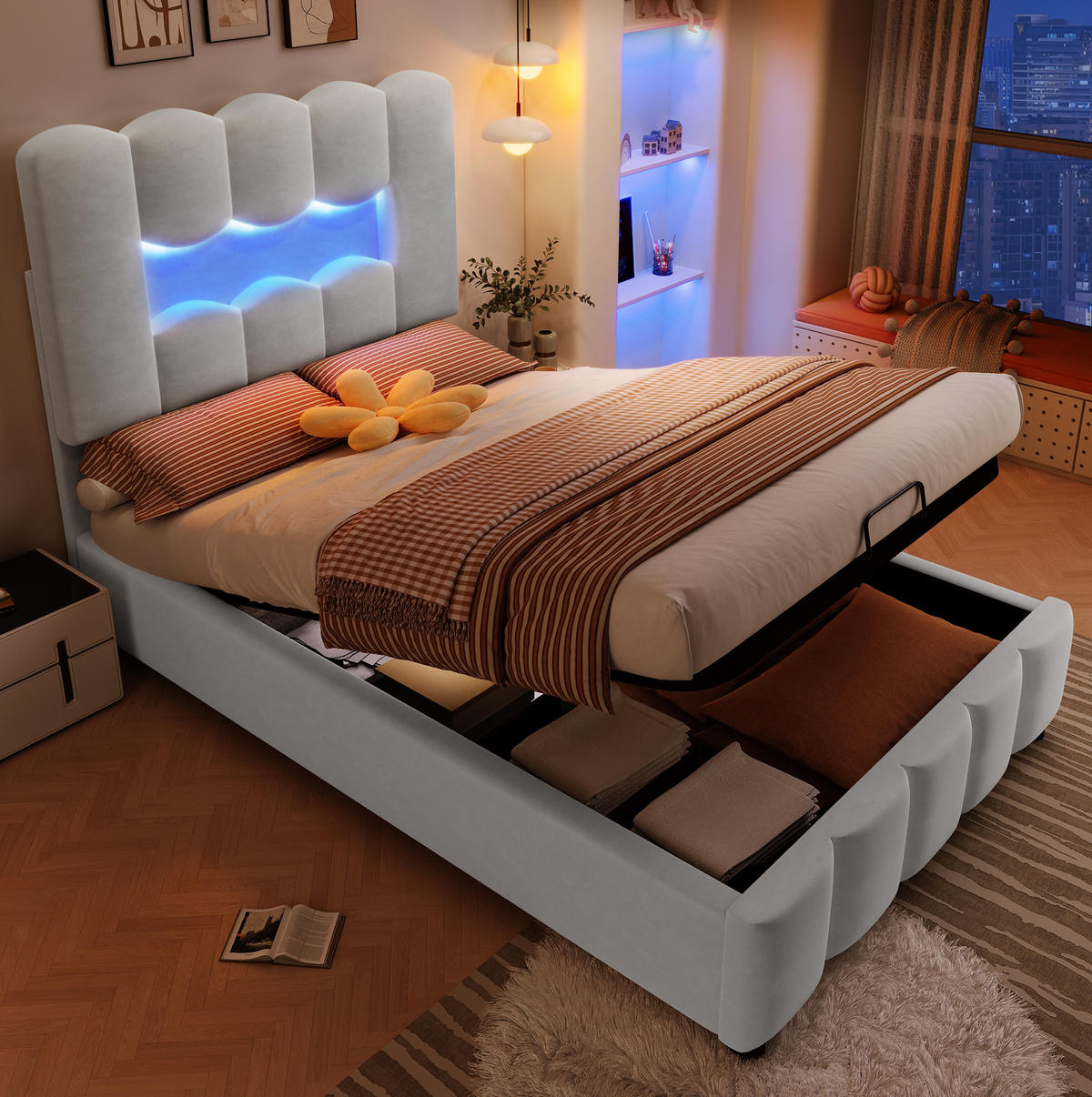 POLSTERBETT mit Stauraum und LED 90x200 cm Samt Grau - Grau, Metall (90/200cm) - Meubliv