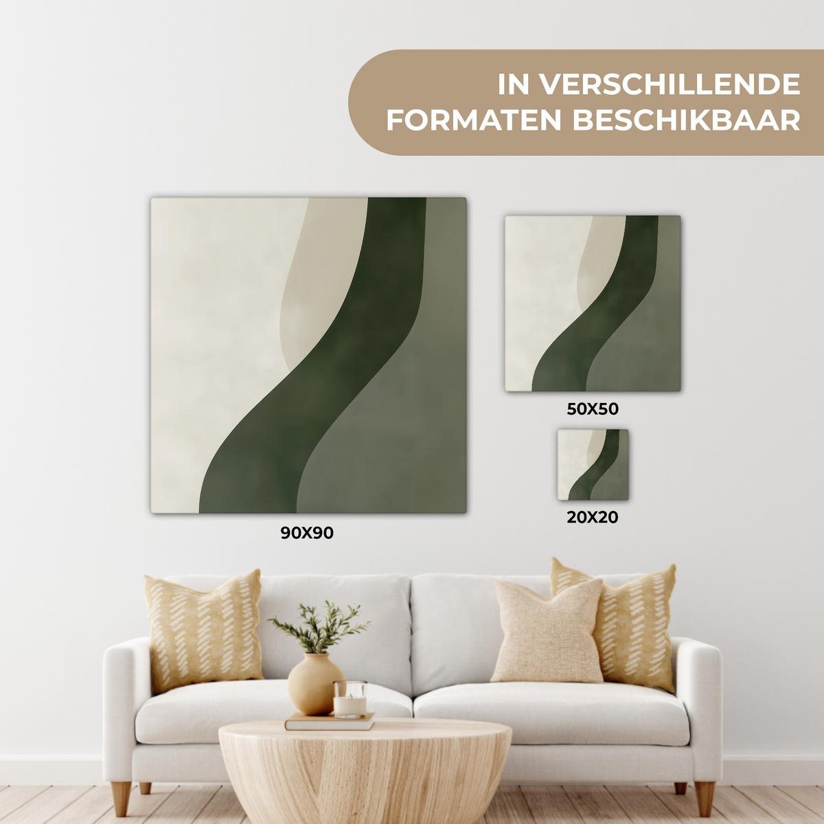 LEINWANDBILD Japandi - Grün - Abstrakt - Modern Deko Groß 90x90 cm - Olivgrün, Textil (90/90cm) - MuchoWow