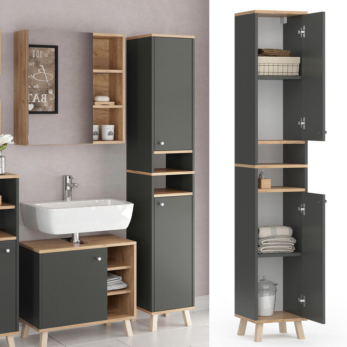BADSCHRANK Senyo Anthrazit 30 x 174 cm - Anthrazit, Holzwerkstoff (30/174/30cm) - Vicco