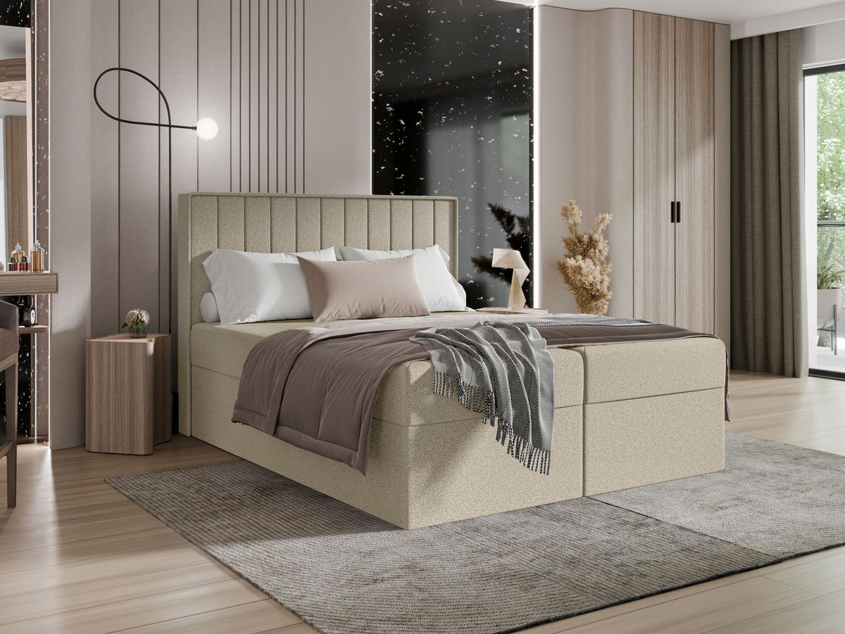 BOXBETT - Taschenmatratze + Topper 140x200 beige Bouclé - Beige, Holz/Holzwerkstoff (140/200cm) - SIMKAM Furniture
