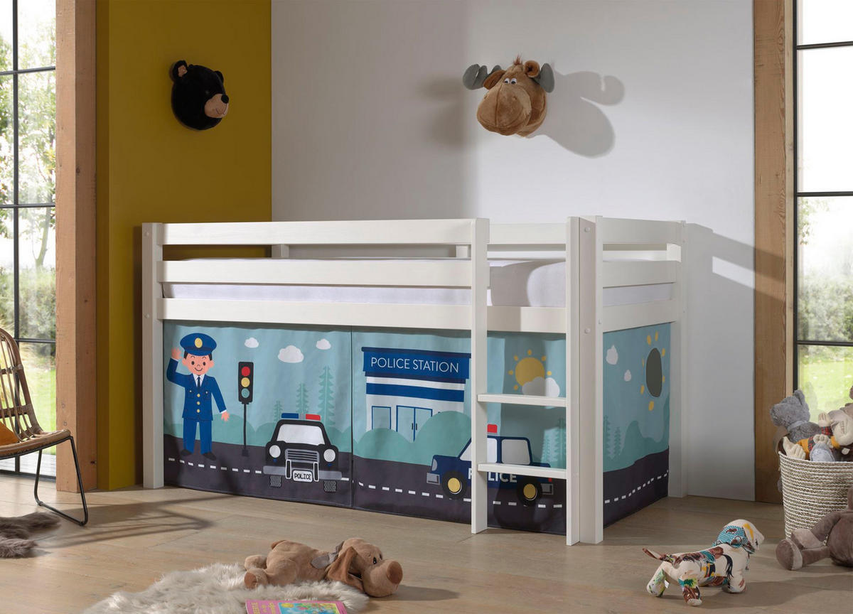 KINDERBETT Karolina 210x114x106 Massivholz Weiß Textilset Polizei - Weiß/Hellblau, Holz (90/200cm) - 58aufmkessel