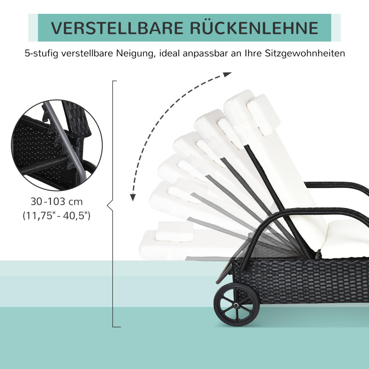 SONNENLIEGE, Polyrattan+Metall, Schwarz - Multicolor, Kunststoff (73/103/200cm) - Outsunny