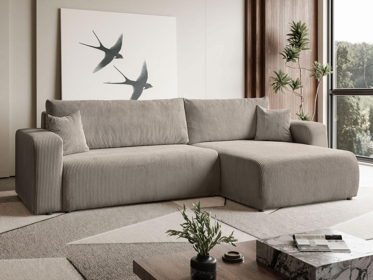 ECKSOFA Sofia in L-Form 277 x 143 cm Schlaffunktion Bettkasten Couch Cord universale Seite, beige - Beige, Kunststoff (143/83/277cm) - Margaret Hadas24