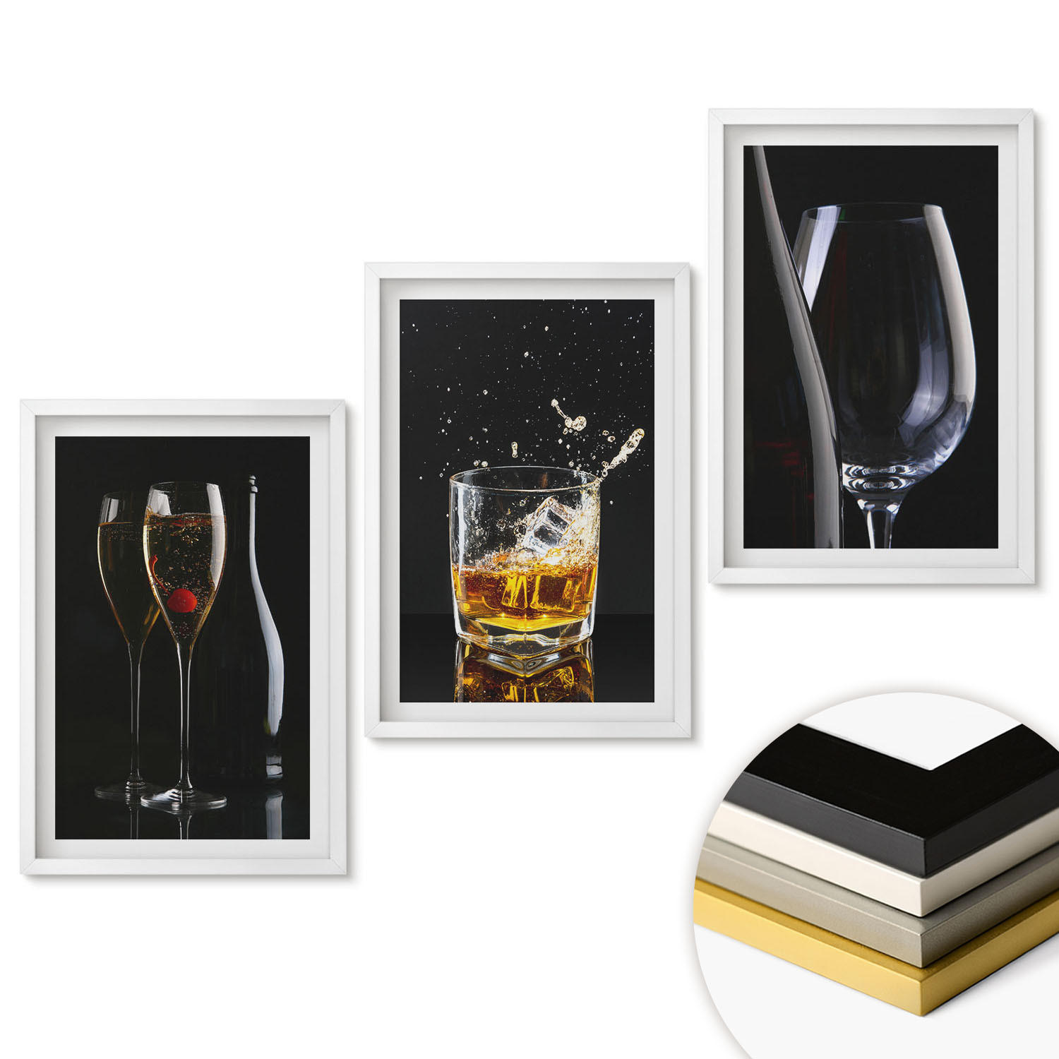 WANDBILDER 3er-Set - 40x60 cm Weißer Rahmen - Weingläser und Whiskygläser auf schwarzem Hintergrund - Weiß, Kunststoff (40/60cm) - ArtPrintCave