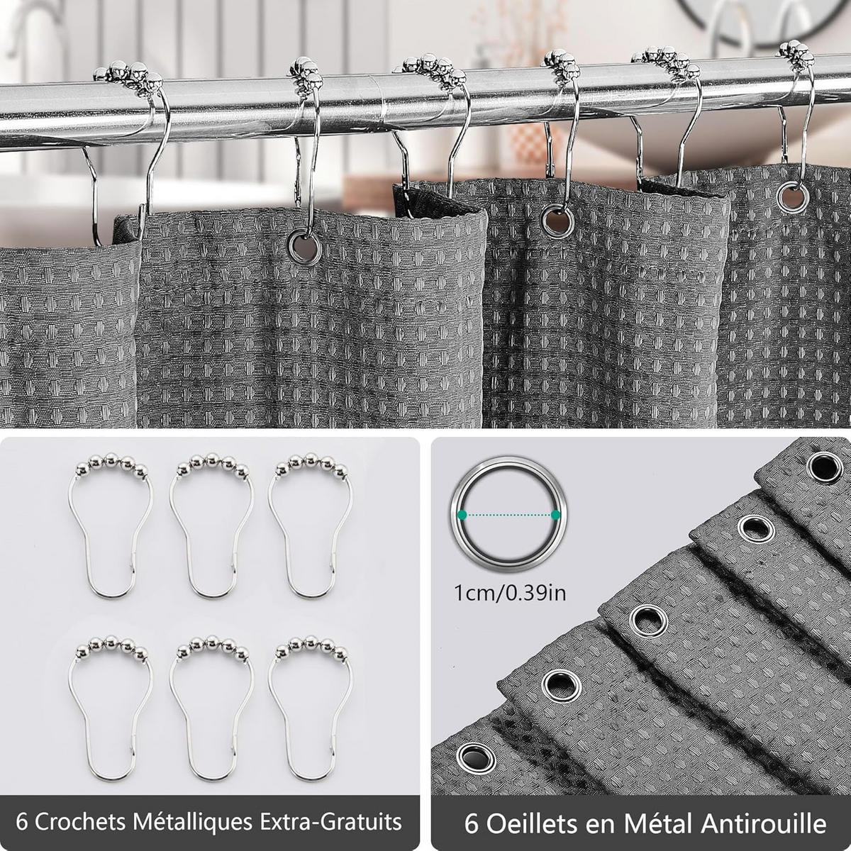 DUSCHVORHANG Grau Waffelstruktur Polyester maschinenwaschbar wasserdicht mit Haken - Grau, Textil (151/182cm) - MCBOSON