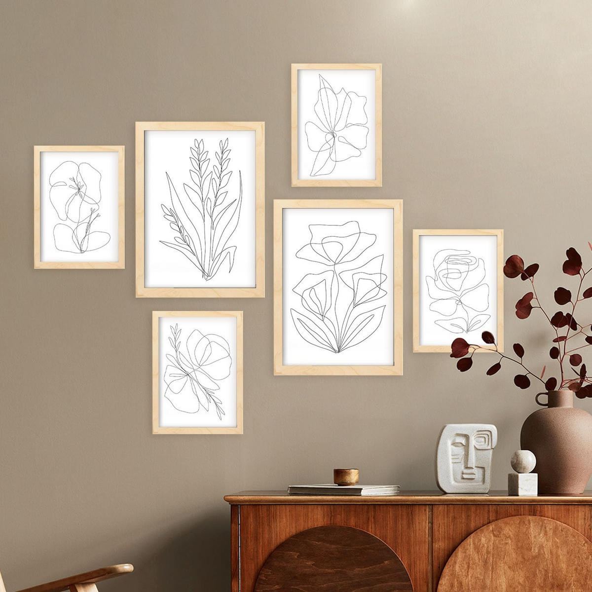 POSTER Set Mit 6 Angenehmes Lule In Blume Zusammenfassung Ästhetische Dekorative Gemälde Für Ihr Wohnzimmer Zuhause A3 & A4 Rahmen Aus Hellem Holz - Beige, Papier (29/3cm) - Nacnic