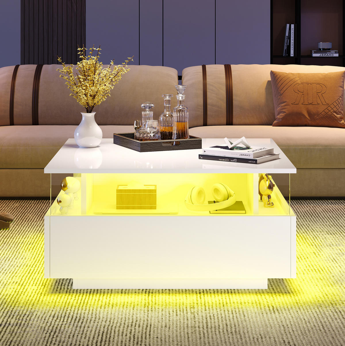 COUCHTISCH mit LED 70x70 cm Weiß mit 2 Schubladen - Weiß, Holzwerkstoff (70/70/41cm) - Meubliv
