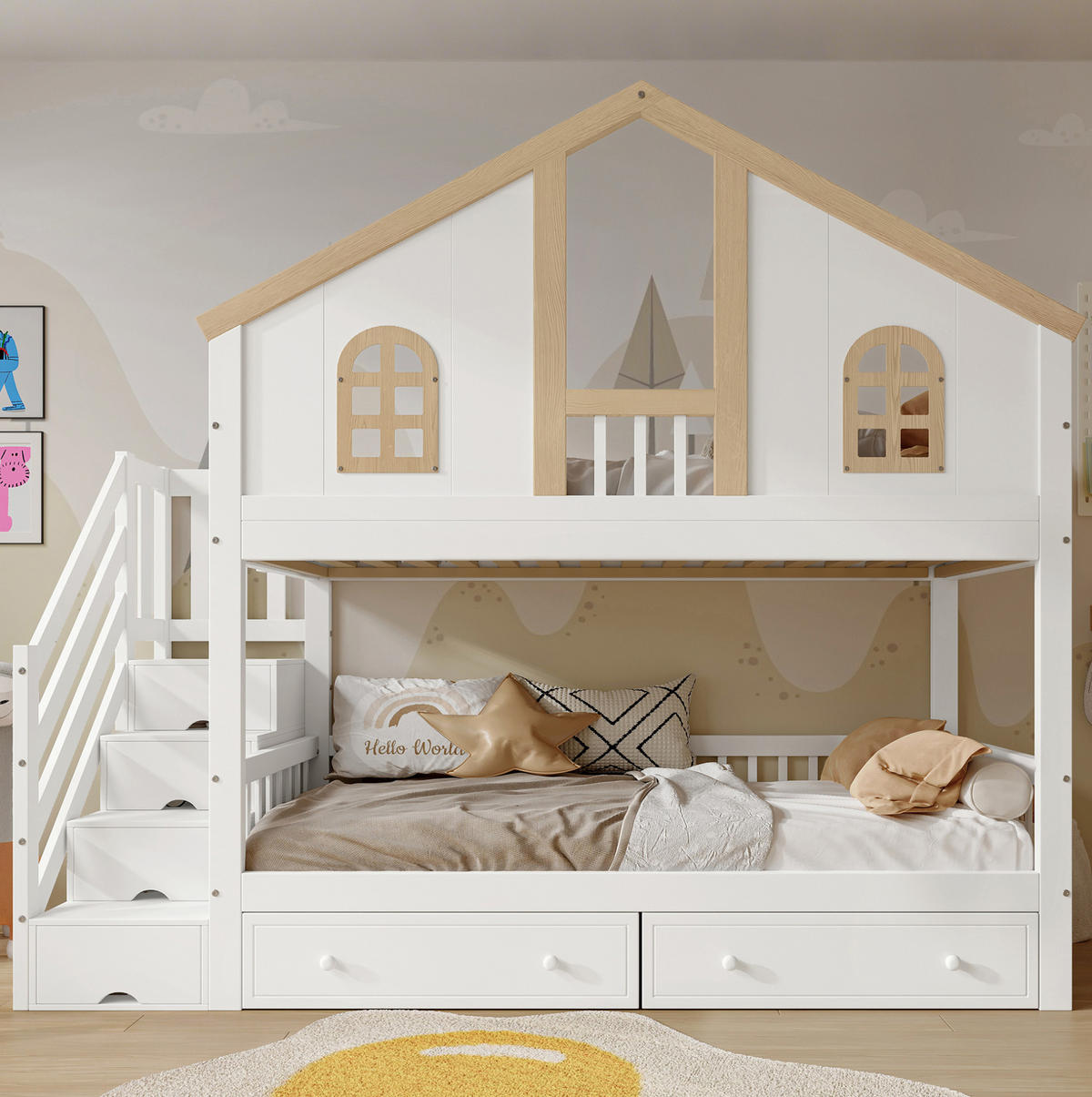 ETAGENBETT aus Kiefer und MDF 90x200 cm Weiß/Natur mit Stauraumtreppe und Schubladen - Weiß, Holz (90/200cm) - Modfu