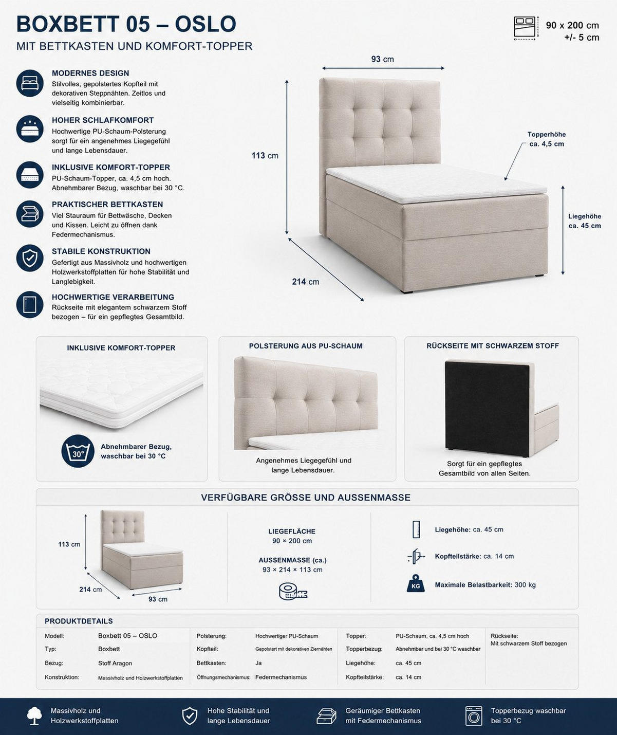BOXBETT - Bett 05 OSLO - Aragon - 90x200 cm - mit Bettkasten und Komfort-Topper - Weiß, Holz (90/200cm) - ROYAL24_MARKT